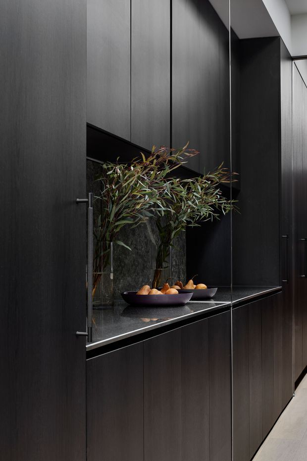 A close-up view of a dark, minimalist built-in storage and display wall. Floor-to-ceiling charcoal timber-look cabinetry frames a recessed niche with a dark stone benchtop, mirrored backing, decorative branches, and bowls of fruit. Slim black hardware and crisp shadow lines create a refined, dramatic interior fit-out.