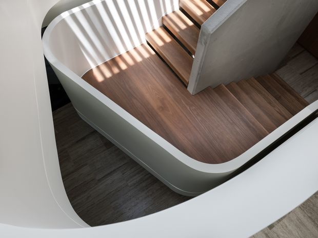 Close-up architectural view of a sculptural staircase with warm timber treads and landings, enclosed by smooth white curved walls and a central pale concrete or plaster balustrade. Strong striped sunlight filters across the stairs, emphasizing the flowing geometry and contrast between the white surfaces and dark timber flooring.