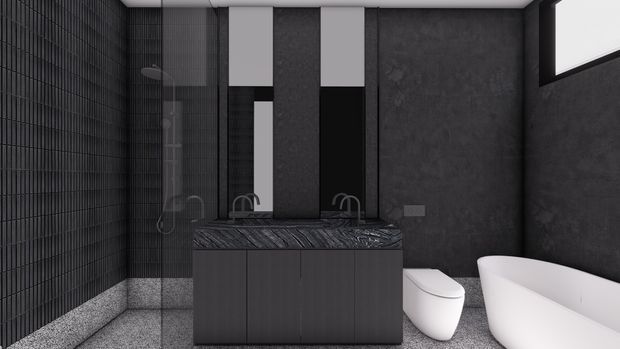 A dark, contemporary bathroom with a double vanity in charcoal cabinetry, a textured dark benchtop, wall-mounted mirrors, black small-format wall tiling, and a freestanding white bathtub. A white toilet and glass-enclosed shower are also visible. The room has a moody monochromatic palette with contrasting white sanitary fixtures and a narrow high window.