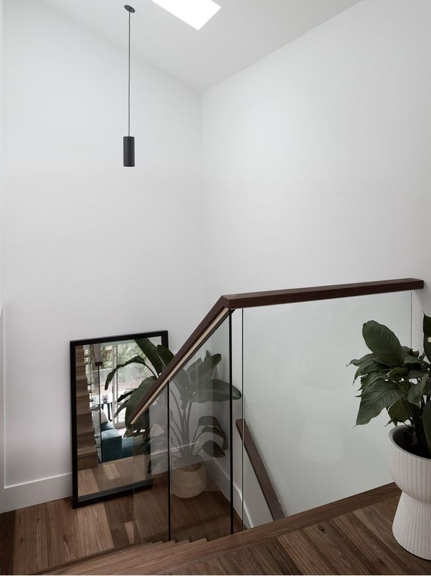 A bright, minimalist stair landing with a timber staircase and dark timber handrail, clear glass balustrades, white walls, timber flooring, a skylight, and a slim black pendant light. A large framed mirror reflects greenery and part of the adjoining interior, while potted plants add natural texture.