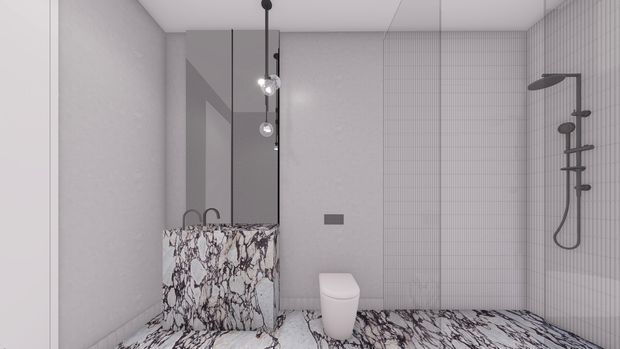Contemporary monochromatic bathroom with a walk-in shower, wall-mounted shower fittings, sculptural pendant lights, a freestanding toilet, and a marble-look vanity or partition. White and grey micro-grid wall tiles contrast with dramatic veined marble-look flooring and joinery surfaces.