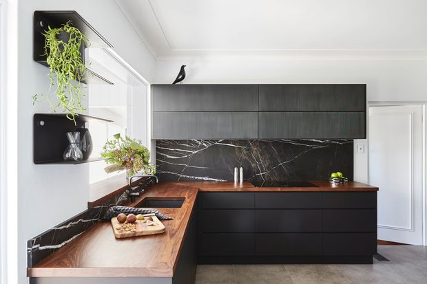 A bright contemporary kitchen with a dark charcoal island and full-height cabinetry, warm timber benchtops, and a dramatic black marble-look splashback with white veining. Open shelving with hanging greenery and decorative objects adds organic detail, while light walls, glazing, and a pale floor keep the room airy.