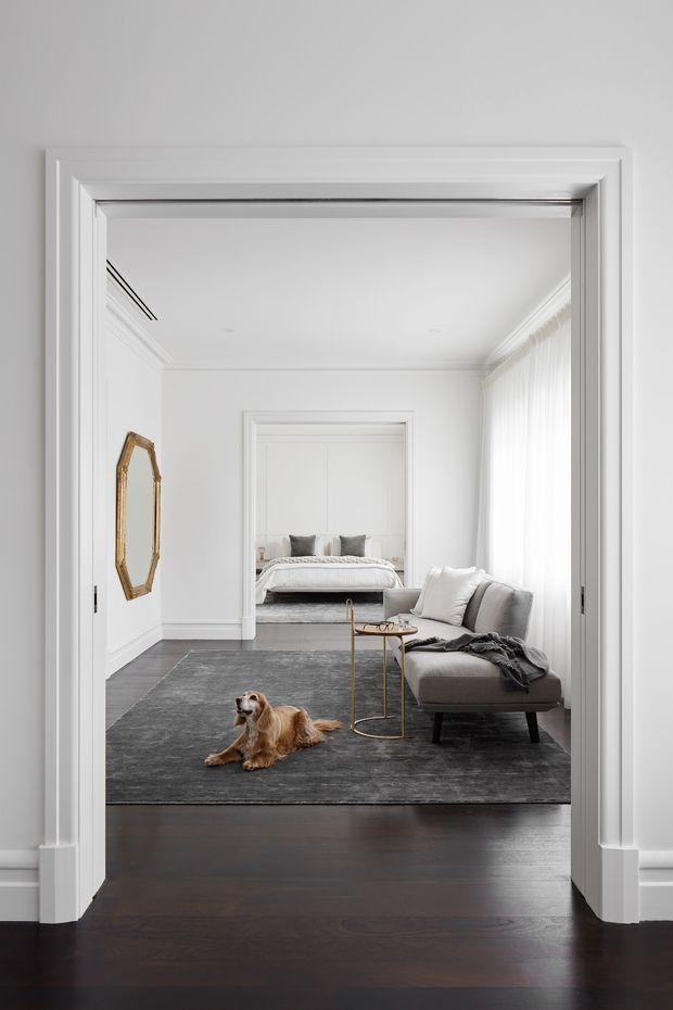 A bright, refined residential interior viewed through a wide framed doorway, showing a living room in the foreground and a bedroom beyond. The space features crisp white walls, substantial white architectural mouldings and door trim, dark timber flooring, a large charcoal-grey rug, a grey upholstered sofa, a slim brass-toned side table, and a gold-framed wall mirror. Sheer floor-to-ceiling curtains line the right side, bringing in abundant natural light. A small dog rests on the rug.