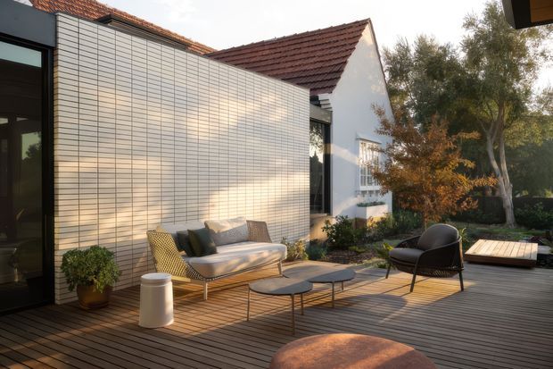 A landscaped outdoor terrace with dark timber decking, furnished with a light upholstered sofa, black lounge chair, low round coffee tables and a small timber platform. A pale rectangular tiled screen wall separates the terrace from a white rendered house with a pitched terracotta-tile roof. Mature planting borders the deck, creating a warm, contemporary courtyard-like outdoor living space.