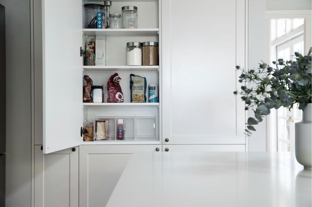 Bright, neatly organised white built-in pantry cabinetry with open adjustable shelves holding dry goods and storage jars. A large white benchtop occupies the foreground, while a simple leafy arrangement and a bright multi-pane window are visible at right. The image has a clean, restrained, highly functional kitchen-storage feel.