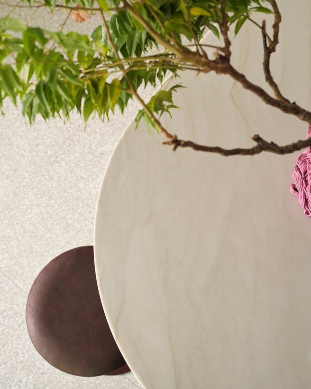 Overhead view of a softly styled dining area featuring a large oval pale stone or marble tabletop, a dark brown upholstered round chair, a leafy indoor tree, and a bright pink woven pendant or decorative element. The composition has a warm, organic, contemporary feel with light neutral surfaces and natural greenery.