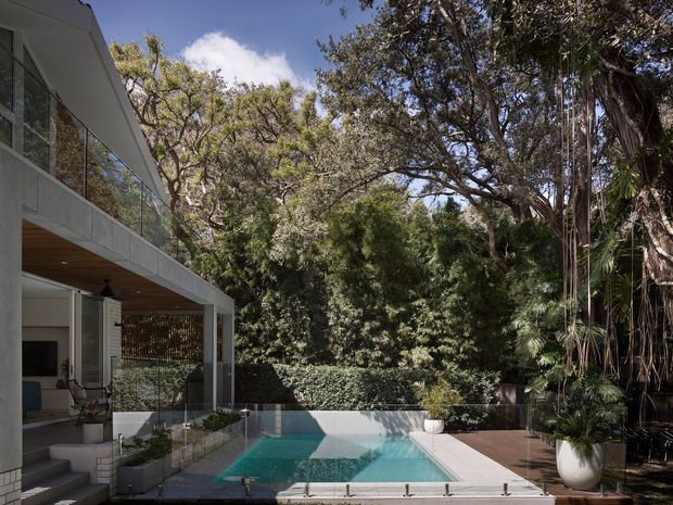 Contemporary two-storey home opening onto a compact rectangular swimming pool and landscaped garden. The image is viewed from the pool area toward a covered outdoor living zone, with extensive glass balustrades and glazing, pale rendered or concrete walls, a timber-lined soffit, and dark decking or paving. Dense mature vegetation surrounds the property, creating a private, lush setting.