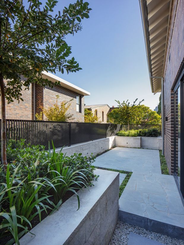 A narrow landscaped courtyard or side garden between brick residential buildings. The space features pale stone paving, raised concrete garden beds with dense greenery, a dark vertical-slat metal fence, and exposed brick walls. The contemporary courtyard is viewed from a walkway beside the house, with mature planting providing shade and privacy.