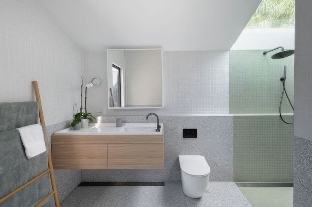 Bright contemporary bathroom with a floating light-wood vanity, integrated white basin, wall-mounted mirror cabinet, wall-hung toilet, and a frameless glass walk-in shower. Small pale mosaic tiles cover the walls, with grey terrazzo-like flooring and lower wall surfaces. A skylight brings in natural light, while a timber towel ladder and greenery add warmth.