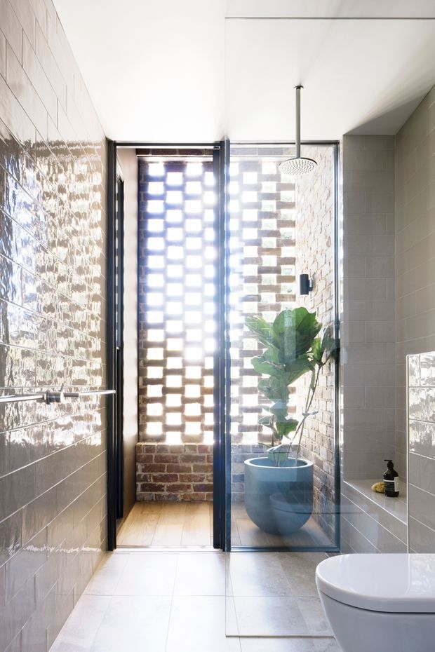 Bright contemporary bathroom with large grey wall tiles, a frameless glass shower enclosure, wall-mounted rain shower, white toilet, and a potted plant. A perforated brick privacy screen brings filtered daylight into the shower area, with warm timber flooring beyond the glazing.