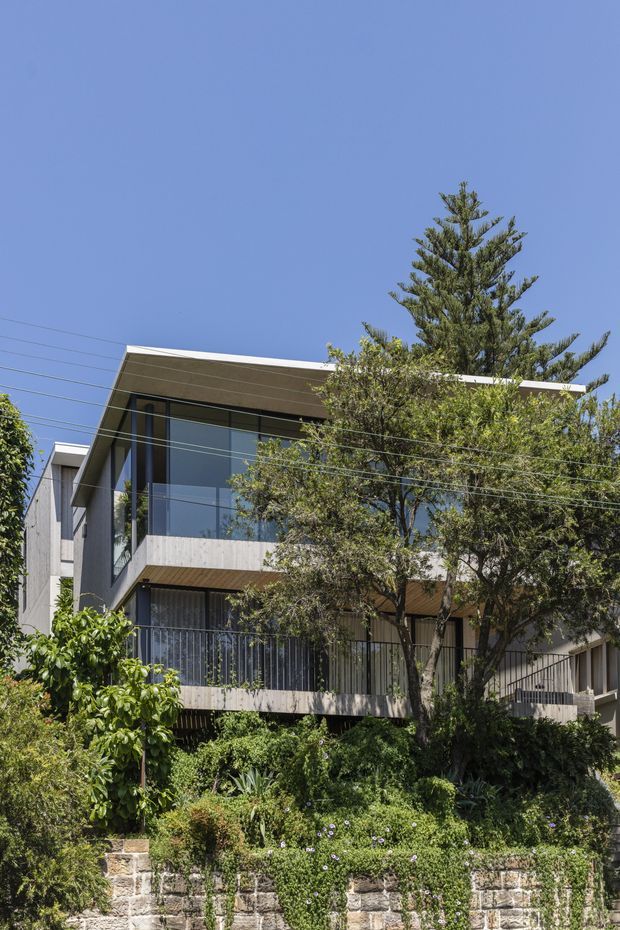 Street-level exterior view of a contemporary multi-storey residence, partially screened by mature trees and lush landscaping. The home features broad floor-to-ceiling glazing, projecting upper-level volumes, pale concrete or rendered walls, dark metal-framed windows and balcony railings, and a shallow low-pitched roof. A stone retaining wall and planted garden occupy the foreground, with overhead utility wires crossing the view.