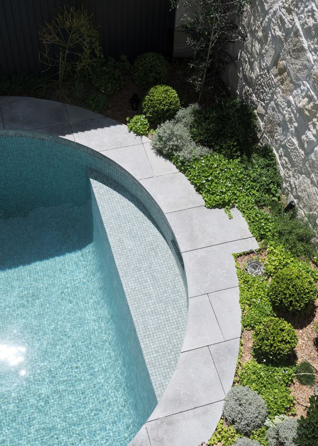 A close overhead view of a landscaped pool area with a curved swimming pool lined in small blue-green mosaic tiles, a broad pale grey paved surround, and sculpted garden beds containing clipped shrubs and ornamental plants. A textured light stone wall and dark fence frame the garden edge.
