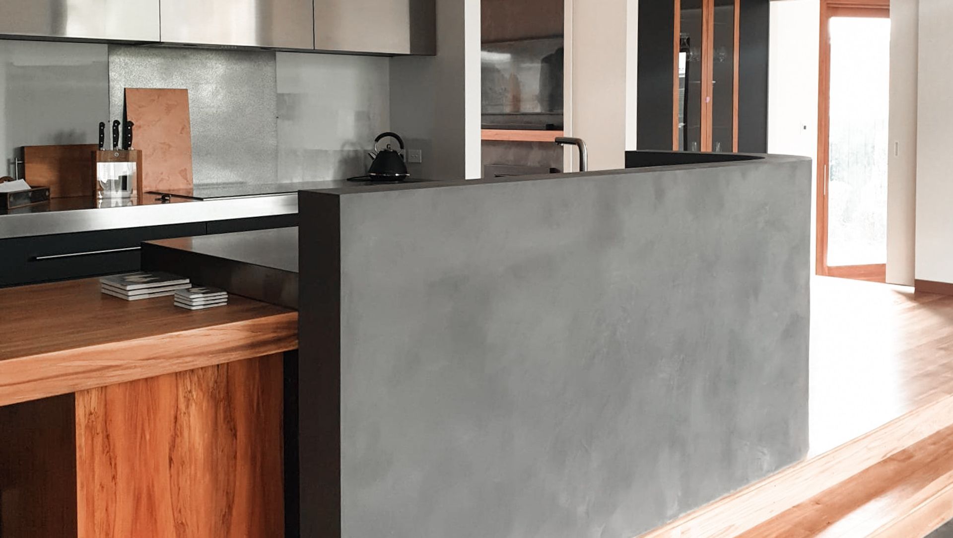 Dark Polished Plaster - Curved Kitchen Wall banner
