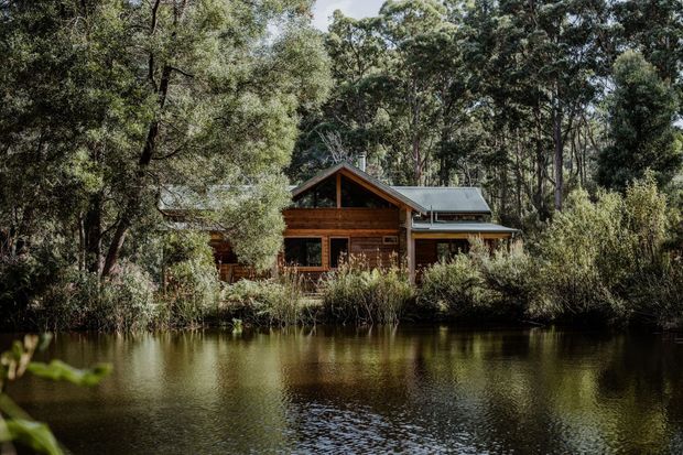 A rustic timber cabin-style house nestled among dense woodland and native vegetation, viewed across a calm pond. The building has a prominent pitched gable roof, warm dark timber cladding, large glazed openings, and a smaller side wing, creating a secluded natural setting.
