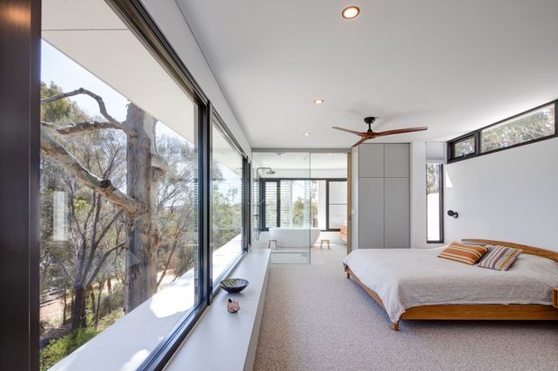 Bright contemporary bedroom with expansive floor-to-ceiling glazing along one side, overlooking mature trees. The room has a low-profile timber bed with white bedding, striped accent cushions, pale carpet, a built-in window seat or ledge, a ceiling fan, recessed lights, and a tall grey built-in wardrobe. High-level clerestory windows and dark slim window frames add to the airy, modern design.