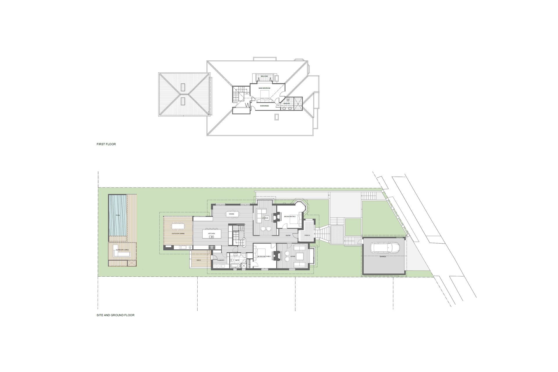 Architectural floor plan by Rogan Nash Architects illustrating the thoughtful planning of Business at the Front, Party at the Back, a contemporary renovation of a Californian bungalow. The plan shows the relationship between the original bungalow and the new rear addition, with generous open-plan living spaces extending towards the garden, pool and outdoor entertaining areas.