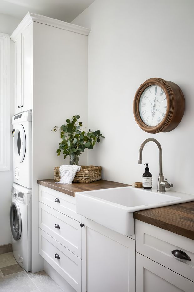 A bright, compact laundry room with white shaker-style cabinetry, a stacked front-loading washer and dryer, a deep white farmhouse sink, dark timber benchtops, and brushed metal gooseneck tapware. Woven baskets, folded textiles, greenery, and a round wooden wall clock add warmth and character. The space has light tiled flooring, white walls, decorative crown moulding, and a clean, highly organised feel.