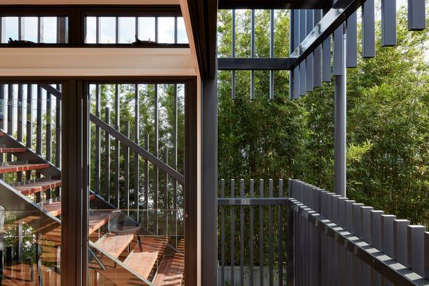 A contemporary multi-level stair and balcony circulation space viewed from inside through extensive glazing. Dark metal vertical balustrades and projecting fins frame a timber-toned open staircase, with dense greenery visible beyond the exterior balcony. The composition emphasizes layered screens, strong geometric lines, and indoor-outdoor connection.