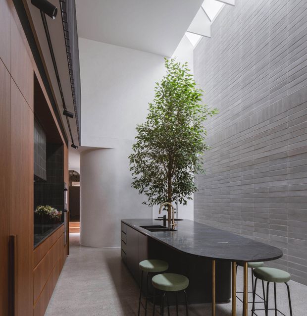 A refined contemporary interior courtyard kitchen and dining space with a long dark stone island and rounded breakfast bar, green upholstered stools, warm timber cabinetry, a large indoor tree, a tall grey tiled feature wall, and a bright skylit ceiling. The space has a strong indoor-outdoor courtyard feel and abundant natural light.