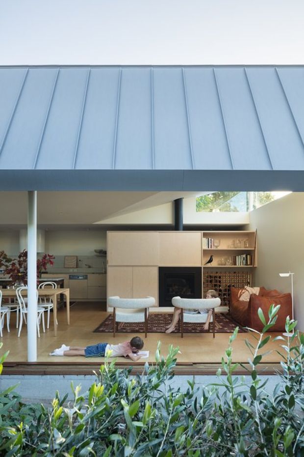 A contemporary open-plan living and dining area viewed from a planted exterior courtyard or garden. The home features a prominent pale metal standing-seam roof and deep roof overhang, broad open glazing, slender structural columns, warm timber built-in cabinetry, a fireplace, integrated shelving and wine storage, a brown leather sofa, and light upholstered lounge chairs. A dining table sits to the left, while dense foreground planting partially screens the lower facade.