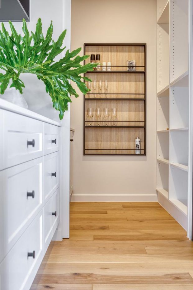 Bright, narrow built-in storage area with warm timber flooring, white cabinetry and open shelving, and a recessed timber-backed display cabinet with dark metal shelves holding glassware. A large leafy plant adds a natural accent.