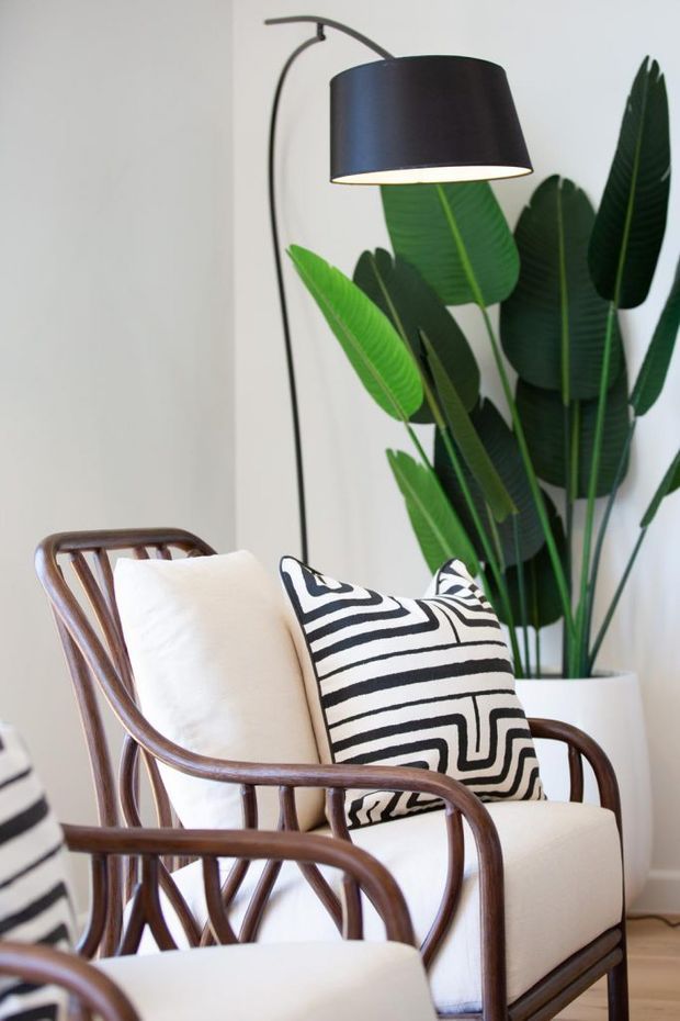 Bright, styled living room corner featuring a pair of curved dark timber armchairs with cream upholstery, one accented by a bold black-and-white geometric cushion. A tall black arched floor lamp and large tropical plant in a white planter add graphic and natural elements against a light neutral wall and timber floor.