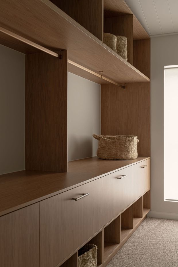 A close-up view of a custom built-in timber storage and display unit, featuring warm wood-grain cabinetry, open shelving, hanging rails, brushed metal handles, woven baskets, and integrated lower cubbies. The unit is set against a neutral wall beside a bright window, with carpeted flooring visible at the base.