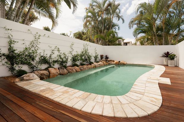 A private courtyard-style swimming pool surrounded by a curved pale stone-tile coping and a dark timber deck. White rendered boundary walls, tropical palms, climbing greenery, rocks, and potted plants create a lush, secluded outdoor setting.