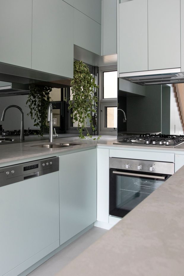 Compact contemporary kitchen with pale grey-green flat-panel cabinetry, a light stone-look benchtop, integrated stainless-steel appliances, gas cooktop, double sink, mirrored splashback, and a tall window. Trailing indoor plants add a natural accent, while timber vertical screening is visible at the right edge.