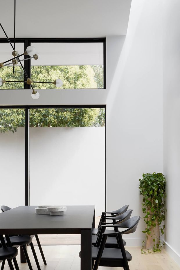 A minimalist dining area with a dark rectangular dining table and matching black dining chairs, positioned beside tall black-framed windows. White walls and ceiling, pale timber flooring, a sculptural brass-and-white pendant light, and a tall leafy indoor plant create a bright, refined interior. The windows overlook greenery and a private courtyard wall.