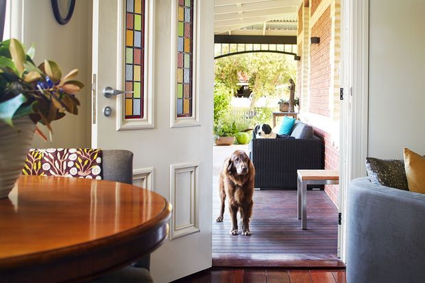 A bright transitional entryway viewed from inside, with a partially open paneled front door featuring narrow stained-glass inserts. The view extends through to a covered timber porch with outdoor seating, brickwork, and a dog standing on the decking. In the foreground are a polished round timber dining table, upholstered chairs, a grey sofa, and a potted plant.