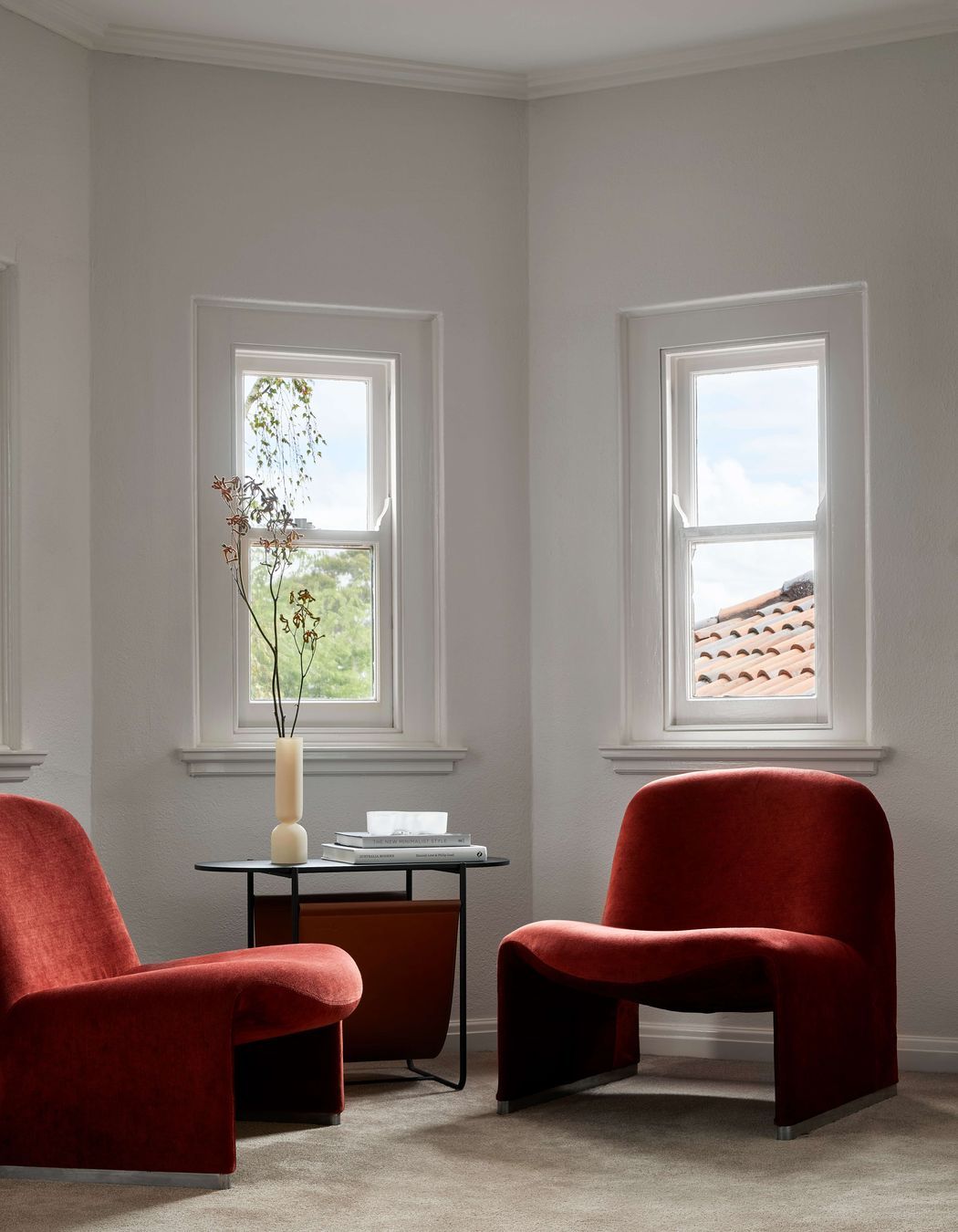 Master bedroom seating area featuring Elke copper velvet chairs from Castelli and marble coloured carpet from Edel Carpets), from our inner easter suburbs project in Melbourne, renovating a 1930’s spanish art deco home. See more from our Arch Deco Project.