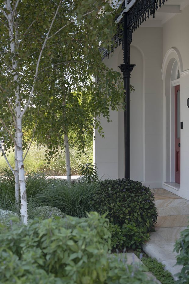 A landscaped residential entry porch with pale rendered walls, arched detailing, a deep red front door, ornate black wrought-iron columns and balcony railing, and pale stone steps. Dense planting, ornamental grasses, shrubs, and slender white-barked trees frame the approach.