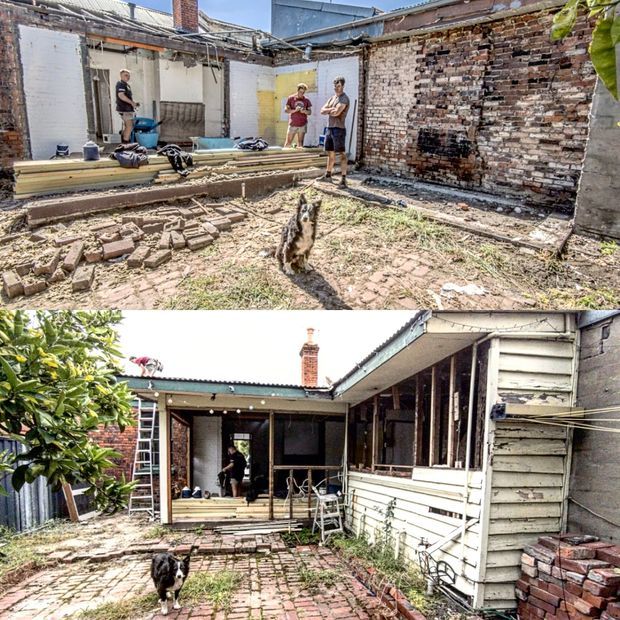 A two-panel renovation photograph showing a weathered residential courtyard and rear exterior under construction. The upper panel contains exposed brick walls, demolition debris, timber framing and workers; the lower panel shows a low-rise weatherboard structure with a covered veranda, brick-paved courtyard, ladder and building materials. The image documents an older dwelling being renovated rather than a finished interior.