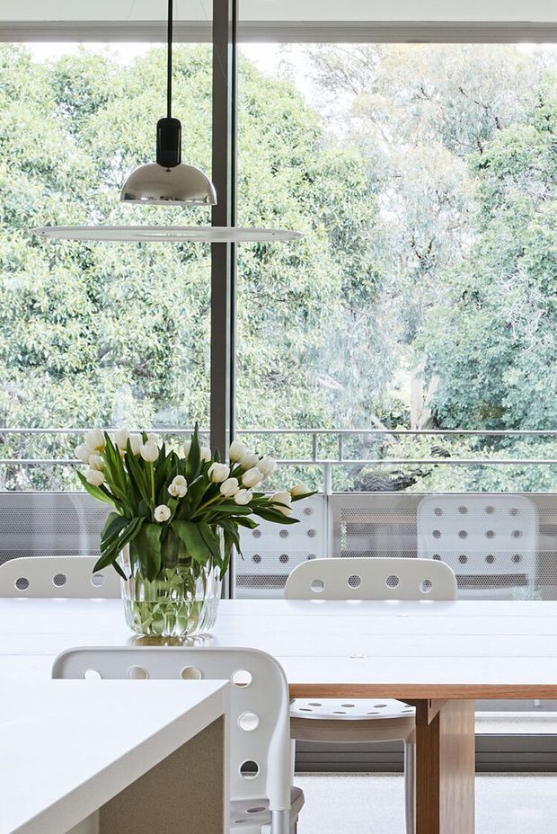 Bright dining area with a white dining table and perforated white chairs, a large vase of white tulips, sculptural pendant lights, and floor-to-ceiling glazing overlooking leafy greenery. The space has a clean, airy contemporary feel with visible timber accents and metal window framing.