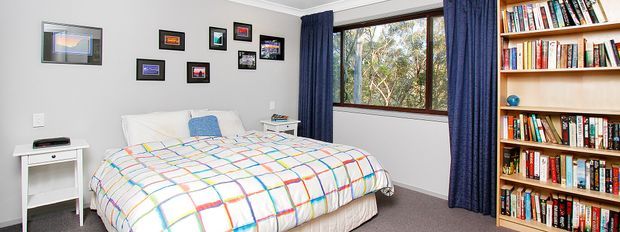 A bright, compact bedroom with a double bed dressed in a colourful gridded duvet, white bedside tables, framed artwork on a light grey wall, blue curtains, a large timber-framed window overlooking trees, and a full-height built-in bookshelf filled with books.