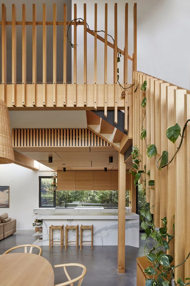 A vertically framed contemporary interior showing a double-height open-plan kitchen and dining area with a timber staircase and upper-level balustrade. Warm timber battens, posts, cabinetry, and joinery contrast with white walls, a veined white stone island, and a dark polished concrete floor. Indoor climbing plants soften the timber structure, while a partial living area is visible at left. The space has generous vertical volume and strong natural light.