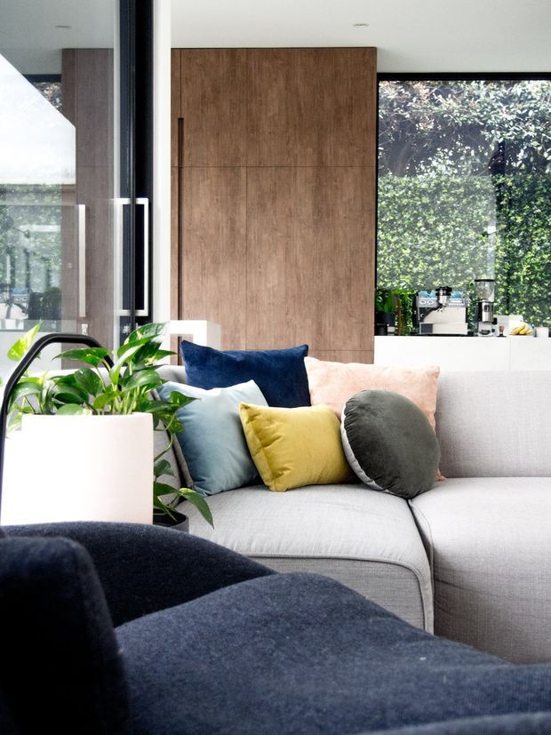 Bright contemporary open-plan living area viewed from a sofa, with a pale upholstered sectional, colourful cushions, a large dark upholstered ottoman or coffee table in the foreground, a potted plant, and a compact kitchen visible behind. Floor-to-ceiling glazing overlooks dense greenery, while a tall timber-toned built-in panel provides a warm feature surface.