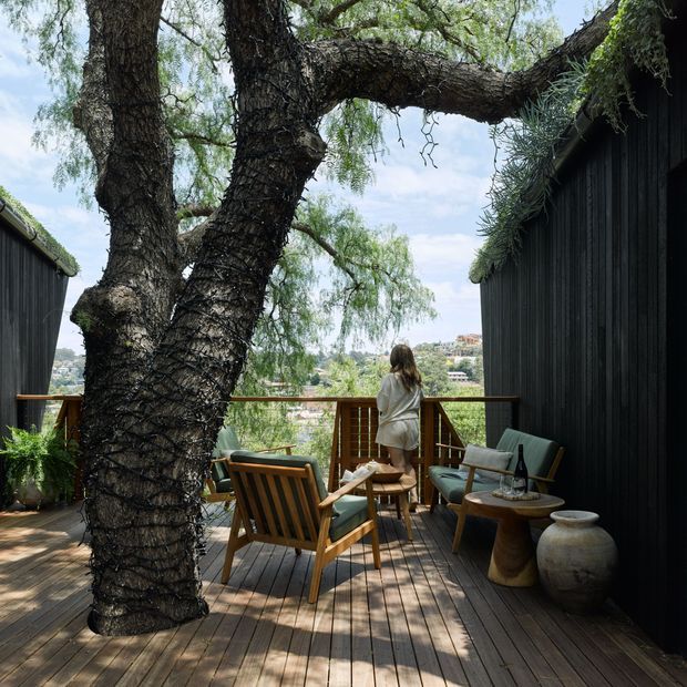 A timber deck terrace nestled around a large mature tree, framed by dark vertical-clad walls. Outdoor lounge chairs, a small table, decorative pottery, and a timber balustrade overlook a leafy suburban landscape. The space has a natural, secluded, resort-like atmosphere with strong indoor-outdoor architectural integration.