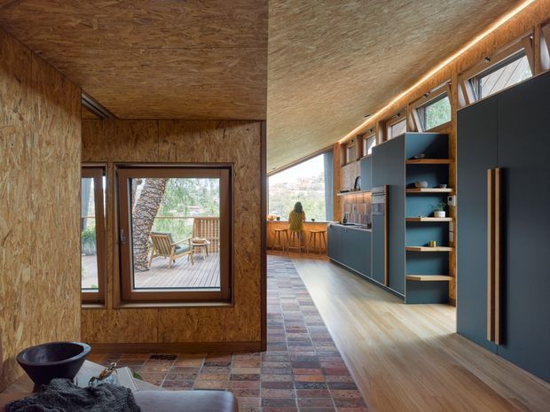 Interior view of a compact, open-plan kitchen and living area lined with exposed OSB/wood-fibre board on the walls and ceiling. The kitchen has dark blue-grey built-in cabinetry, open timber shelving, integrated appliances, and a long run of clerestory-style windows beneath a sloping ceiling. A timber-framed glazed door opens to a timber deck, while the floor combines warm timber boards with patterned tile sections.