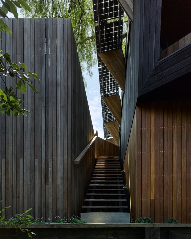 A narrow, dramatic exterior passage between two dark timber-clad building volumes, with an open stairway ascending through the centre. Vertical timber fencing and wall cladding create a strong linear composition, while projecting upper-level balconies or awnings feature black metal gridded screens and timber soffits. Low planting borders the concrete base, and mature greenery is visible above the enclosure.