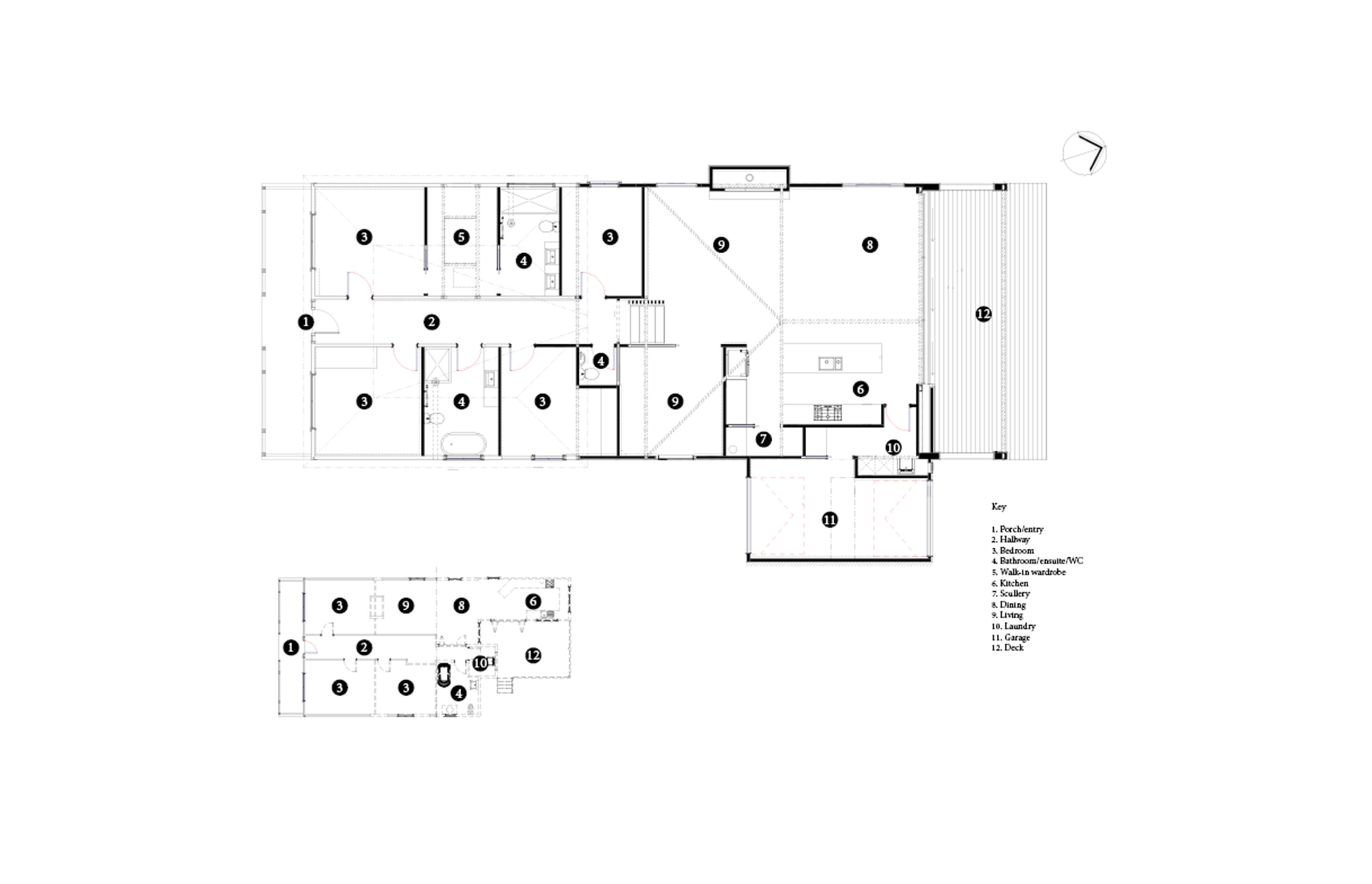 Floor plan showing the original layout (bottom left) and the post-renovation layout.