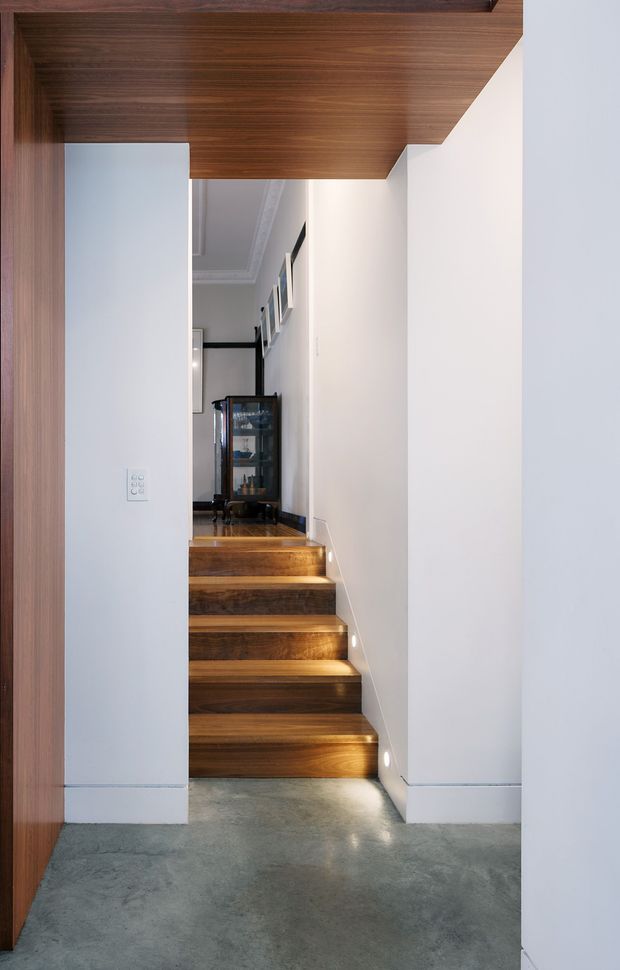 Interior view of a compact stairway leading from a polished grey concrete-finished floor into a hallway. The stairs, overhead soffit, and surrounding vertical joinery are clad in warm dark timber, with integrated step and wall lighting. White walls, framed artwork, and a glass display cabinet are visible at the upper landing.