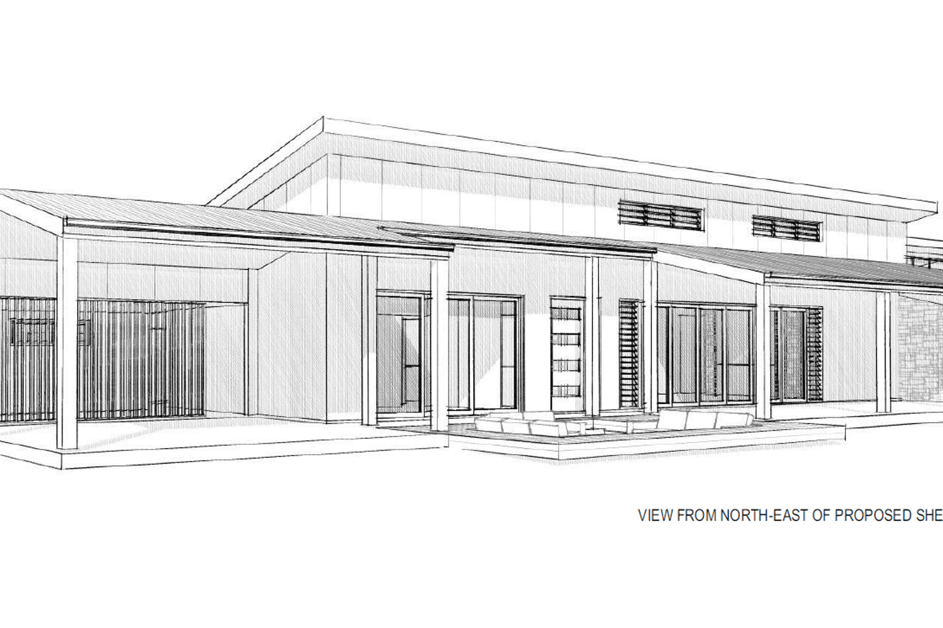 3D Sketch Perspective - Proposed carport and garage additions on far left