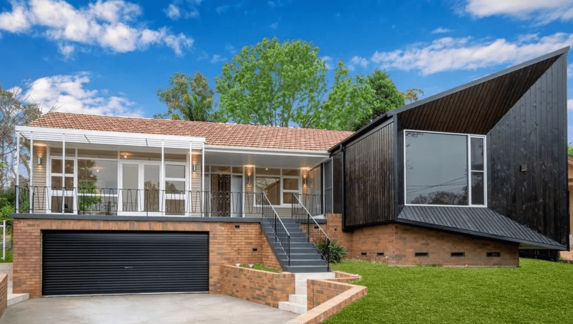 Original Mid Century Home with extensive internal planning changes. Bedroom wing to the west (right), and living to the east (left). Garage is now a useful space and double width; new front room has a peak to make the existing roof ridge; much needed shading to the north facing lounge and balcony
