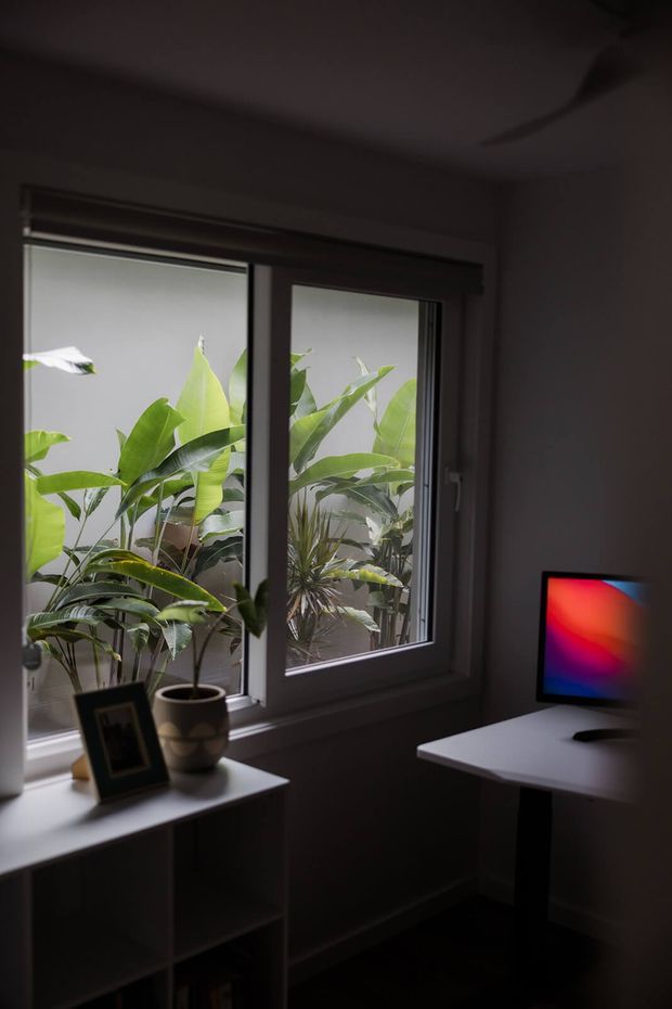 A dim, compact home workspace beside a large double window. White-framed glazing looks onto dense tropical foliage, while a white desk with a computer monitor occupies the right side. A low white storage unit beneath the window holds a framed photograph and potted plant. The room has dark walls, subdued lighting, and a ceiling fan.