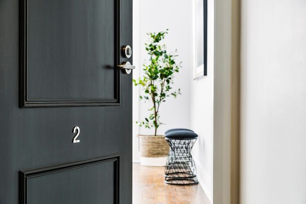 A partially open dark-painted entrance door with raised decorative panels, silver hardware, and the number 2, viewed into a bright minimalist hallway. The hallway has white walls, a warm timber floor, a potted indoor tree, a woven planter, and a small black wire-frame stool or side table.