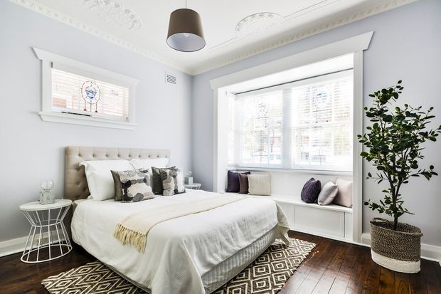 Bright, refined bedroom with a tufted upholstered bed, layered neutral bedding, patterned cushions, a built-in window seat, white plantation blinds, dark timber flooring, and ornate plaster ceiling mouldings. A large potted indoor tree and geometric rug add contrast to the soft grey and white palette.