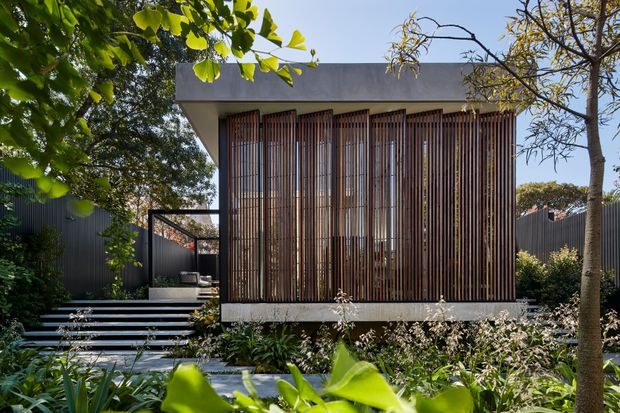 Exterior view of a compact contemporary pavilion or house framed by established garden planting. The facade combines a flat concrete roof slab with extensive vertical timber screening over glazing, creating a filtered, private appearance. A stepped landscaped path and dark metal fencing are visible around the building.