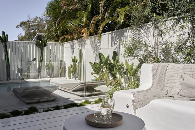 Bright, serene outdoor courtyard lounge with a white rendered built-in sofa, round coffee table, pale timber decking, a reflective glass water feature or pool, and sculptural tropical and desert planting enclosed by a white vertical-panel fence.
